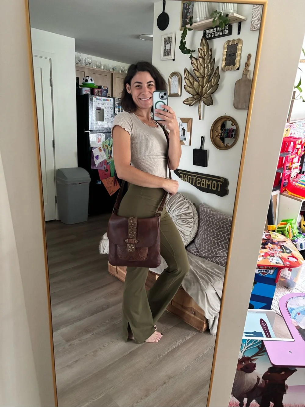 Leather Brown Crossbody Bag with Stud Detail